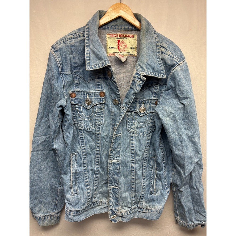 True Religion World Tour Trucker Jacket Mens Light Blue Outdoor Y2K XL Vintage